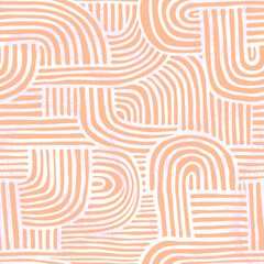 Zen arch line stripes, different arches in textured seamless pattern in trendy color of the year 2024 peach fuzz on white background. 