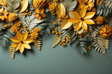 Summer leaves background with a variety of foliage in warm tones with text space
