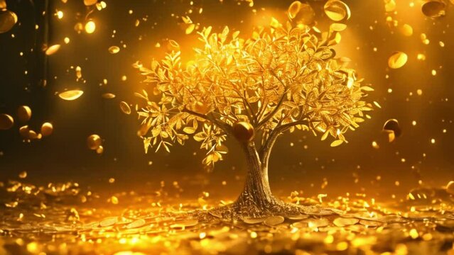 Magical golden tree, made of gold, gold coins scattered on the ground. Generative AI