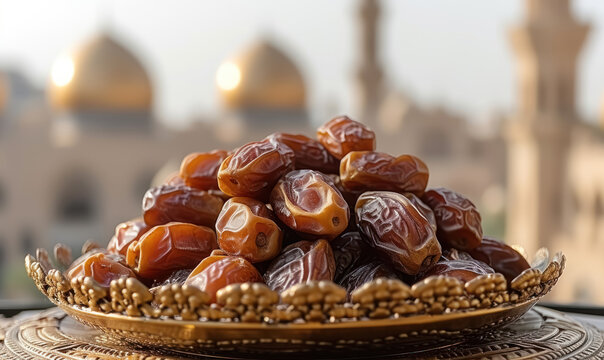 traditional dates in ornate bowl with arabic lanterns for ramadan observance