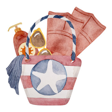watercolor beach bag with sunglasses and towel clip art preview