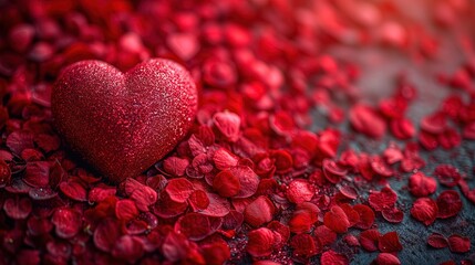 Czerwone serce położone na czarnej powierzchni, otoczone różami płatkami, nawiązujące do tematyki walentynkowej, kochania oraz romansu.
