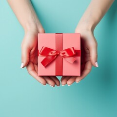 Hand holding a gift box. Valentine's day poster.