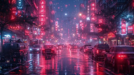 Na tej fotografii widać ruchliwą ulicę neonowego miasta w nocy podczas deszczu, gdzie panuje intensywny ruch samochodowy. - obrazy, fototapety, plakaty