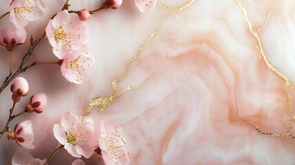 Sakura flowers on background made of marble. Spring composition with copy space. - obrazy, fototapety, plakaty