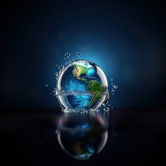 Earth planet in water with bubbles on dark background, 3D rendering, Ai Generated