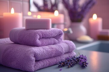 Fototapeta na wymiar A vibrant indoor scene illuminated by a flickering purple candle, showcasing a neatly stacked pile of towels and a pristine bar of soap, evoking a sense of warmth, comfort, and cleanliness