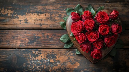 Drewniana skrzynka w kształcie serca z czerwonymi różami. - obrazy, fototapety, plakaty