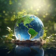 Obraz na płótnie Canvas Ecology concept, Earth globe with grass and dill on nature background, AI Generated