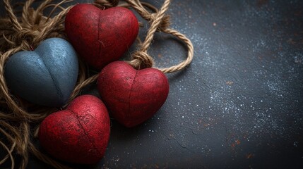 Trzy serca w kolorach czerwonym i niebieskim przywiązane do liny, nawiązujące do tematu walentynkowego, kochania oraz romansu. - obrazy, fototapety, plakaty