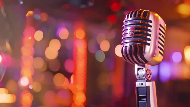 Retro microphone on stage with a bright background blurred in bokeh. Generative AI