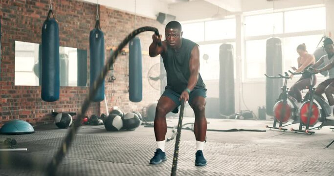 Fitness, battle ropes or black man training in workout for wellness at gym with resilience or power. Hard work, energy or healthy African sports athlete in exercise for biceps muscle or development