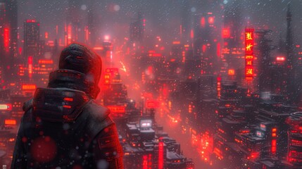 Mężczyzna stoi w środku miasta w nocy, otoczony budynkami i ulicznym światłem czerwonych neonów futurystycznego miasta przyszłości
