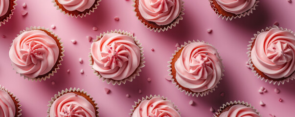 Pink cupcakes with white frosting and sprinkles arranged neatly on a matching pink background.