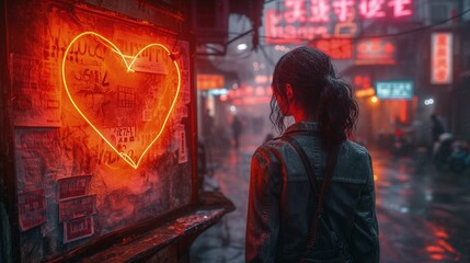 Kobieta stoi przed jasnym neonowym sercem w tablicy ogłoszeń na tle walentynkowej atmosfery.