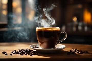 A steaming cup of coffee sits on a wooden table, the aroma of freshly brewed coffee filling the air. - obrazy, fototapety, plakaty