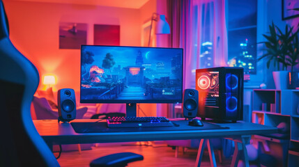 illustration of a gaming setup with powerful PC in a modern living room