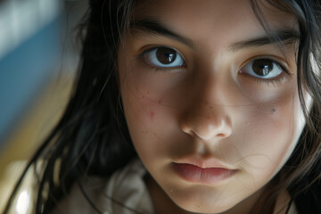 Intense close-up of a young girl's face, her eyes reflecting a deep, thoughtful presence, framed by windswept hair.
