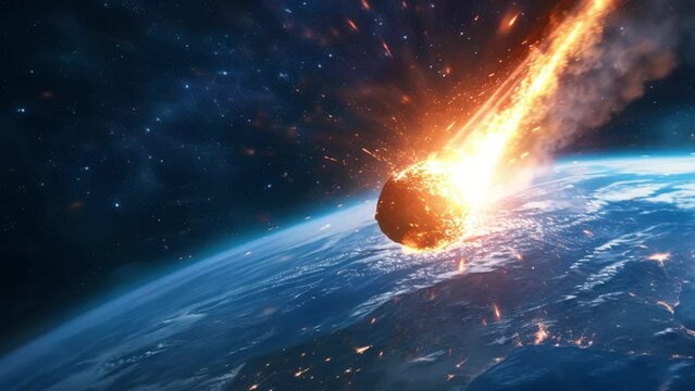 A rock crashing into the earth seen from space. A rock crashing into planet earth. Disaster from space. Last day of earth. Generative AI