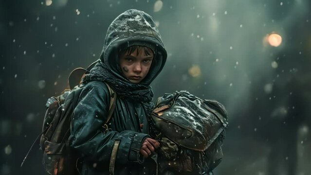 a little kid wrapped in lots of clothes with a backpack on the street, looking for shelter and refuge. Generative AI