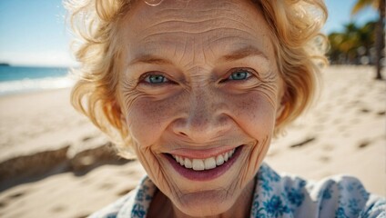 Sunny beach close-up selfie of an elderly woman with curly blonde hair, wearing a floral shirt and a wide smile, with the ocean in the background.
