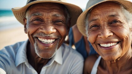 Elderly black couple wearing hats and smiling warmly at the beach, showcasing a strong bond and joyful companionship.