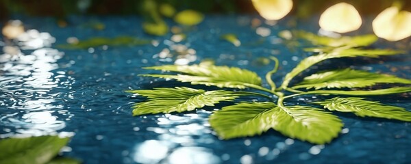 there is a green leaf on a blue surface with water