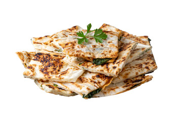 Traditional Turkish food, Turkish pancake gozleme with cheese and herb. The appetizer is Turkish pastry. There are varieties such as cheese, spinach, potato