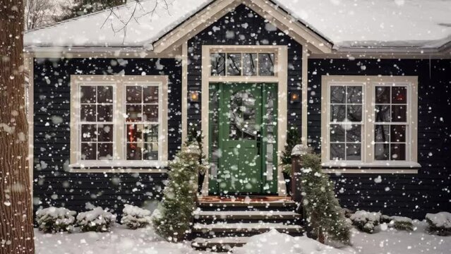 Vintage double hung windows, black door, beige exterior wall on a wooden house. Green windows with white trim, snow on ground and entrance steps.