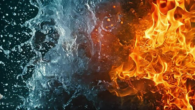 The confrontation between fire and water, close-up in super slow motion. colorful flames meet transparent water against a dark background. Generative AI