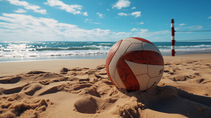 A white-brown volleyball lies on a sandy beach