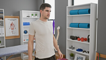 Handsome hispanic man standing thoughtfully in a well-equipped rehab clinic interior.