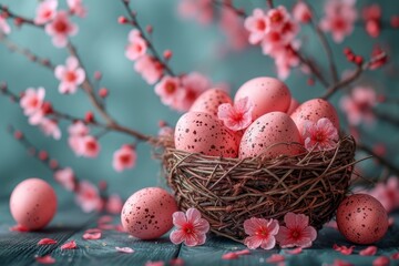 A delicate aerie filled with pastel beauty as pink eggs rest among blooming flowers, welcoming the arrival of easter