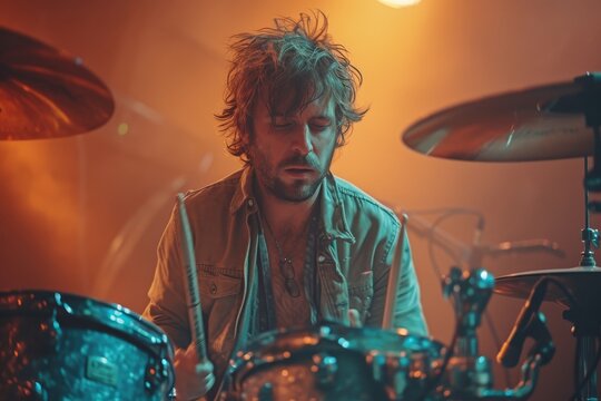 Amidst the pulsating energy of a crowded concert venue, a skilled percussionist captivates the audience with his thunderous drumming on a tomtom drum, filling the air with the rhythmic beats of a roc