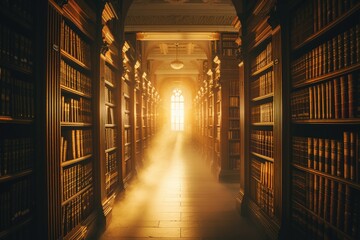 Majestic rays of sunlight beam through a stained glass window, illuminating the dusty shelves of ancient books in a historic library. Resplendent. - obrazy, fototapety, plakaty