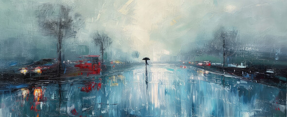 Solitary Figure Walking on a Rain-Soaked Street at Twilight  A Serene Urban Scene