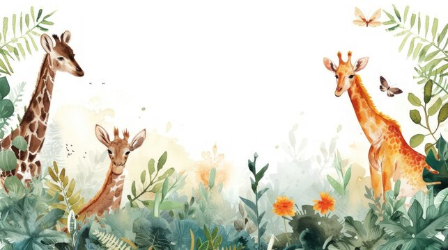 Funny Jungle cartoon safari animals in forest in cartoon watercolor style. Generated AI image