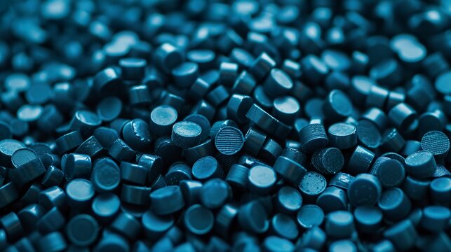 Blue plastic pellets of uniform texture, very small and shiny. Polymer blue plastic granules of different shapes. Reuse of plastic waste in sustainable practices.