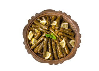 Delicious dolma (sarma) stuffed grape leaves rice. Lebanese dolma sarma on plate. Lebanon turkish...