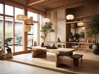 Japanese style interior design salon with lots of wood