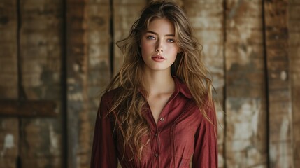 Fototapeta premium Female model casual fashion rustic background 