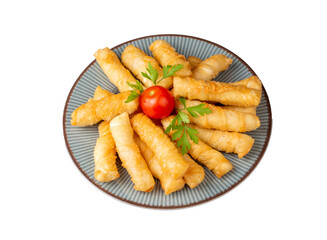 Fried pastry wrapped in cheese in phyllo. Pie in the form of a roll. Turkish name; Kalem borek - sigara boregi