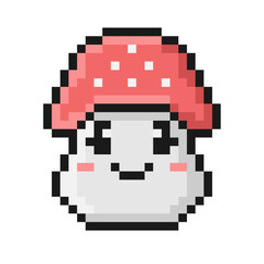 Pixel style fly agaric mushroom vector illustration. Cartoon fun face.
