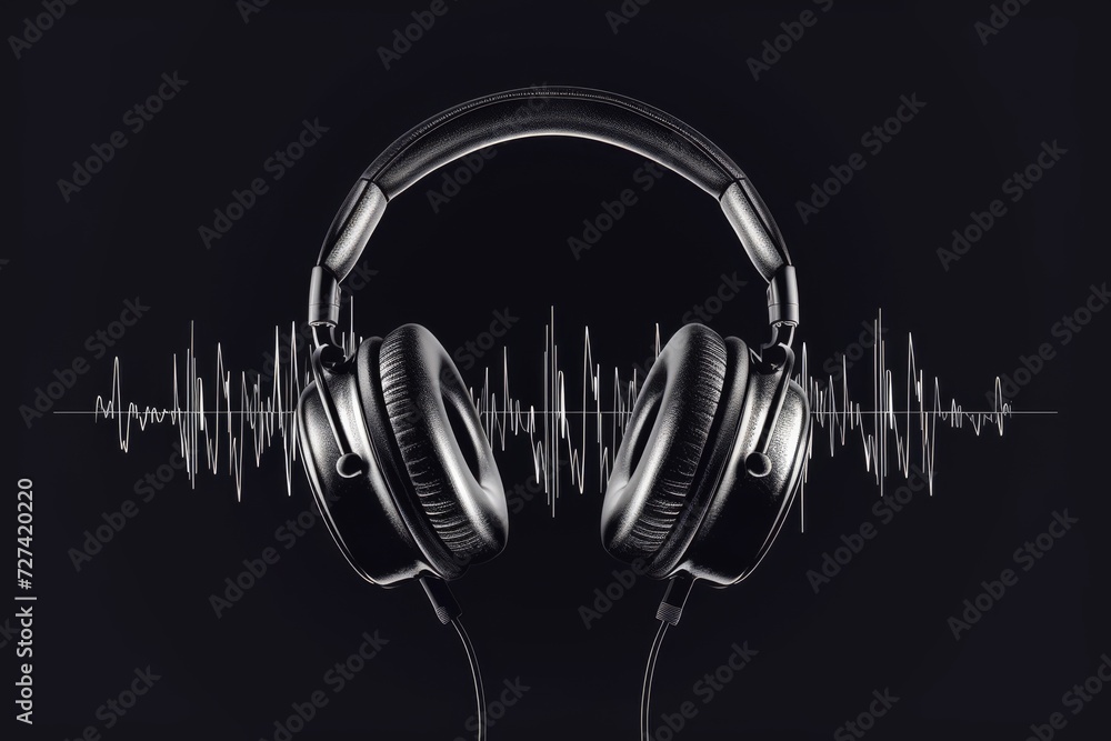 Poster a unique fusion of technology and art, a circular sketch of headphones with a sound wave etched into