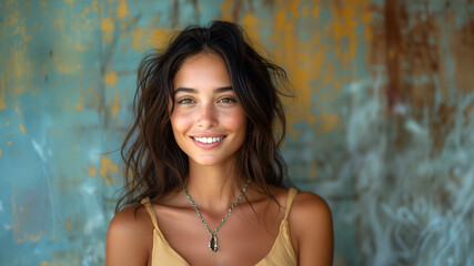 Fototapeta premium Portrait of Smiling happy attractive hispanic young woman posing in studio shot