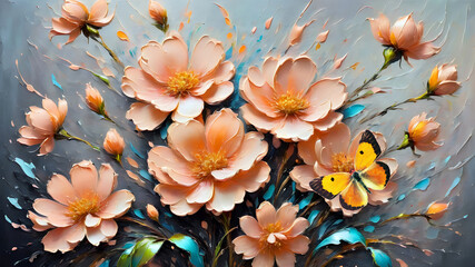 delicate spring flowers painted with oil paints on canvas in peach tones and bright orange butterfly