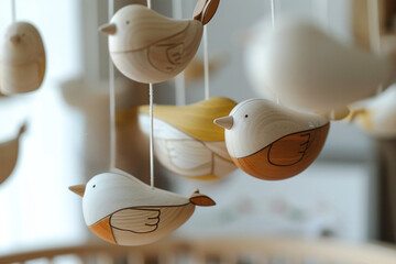 Scandinavian Baby crib mobile with wooden birds - obrazy, fototapety, plakaty