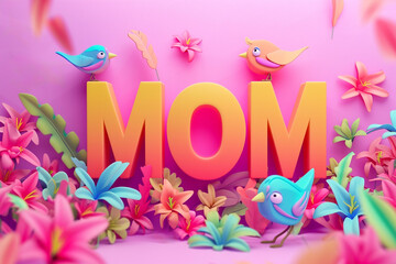 Happy Mother's Day greeting card and beautiful pink flowers and birds