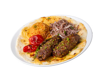 Traditional delicious Turkish cuisine, kebab type belonging to Adana and Antep regions, grilled pistachio kebab. Turkish name; fistikli kebab