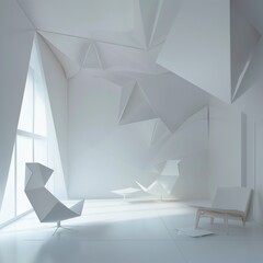 imaginary origami interior with a window all in white